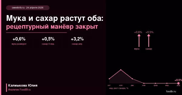 Мука +0,6% разворот и сахар +0,5% четвёртую неделю: кондитерская себестоимость ускоряет рост